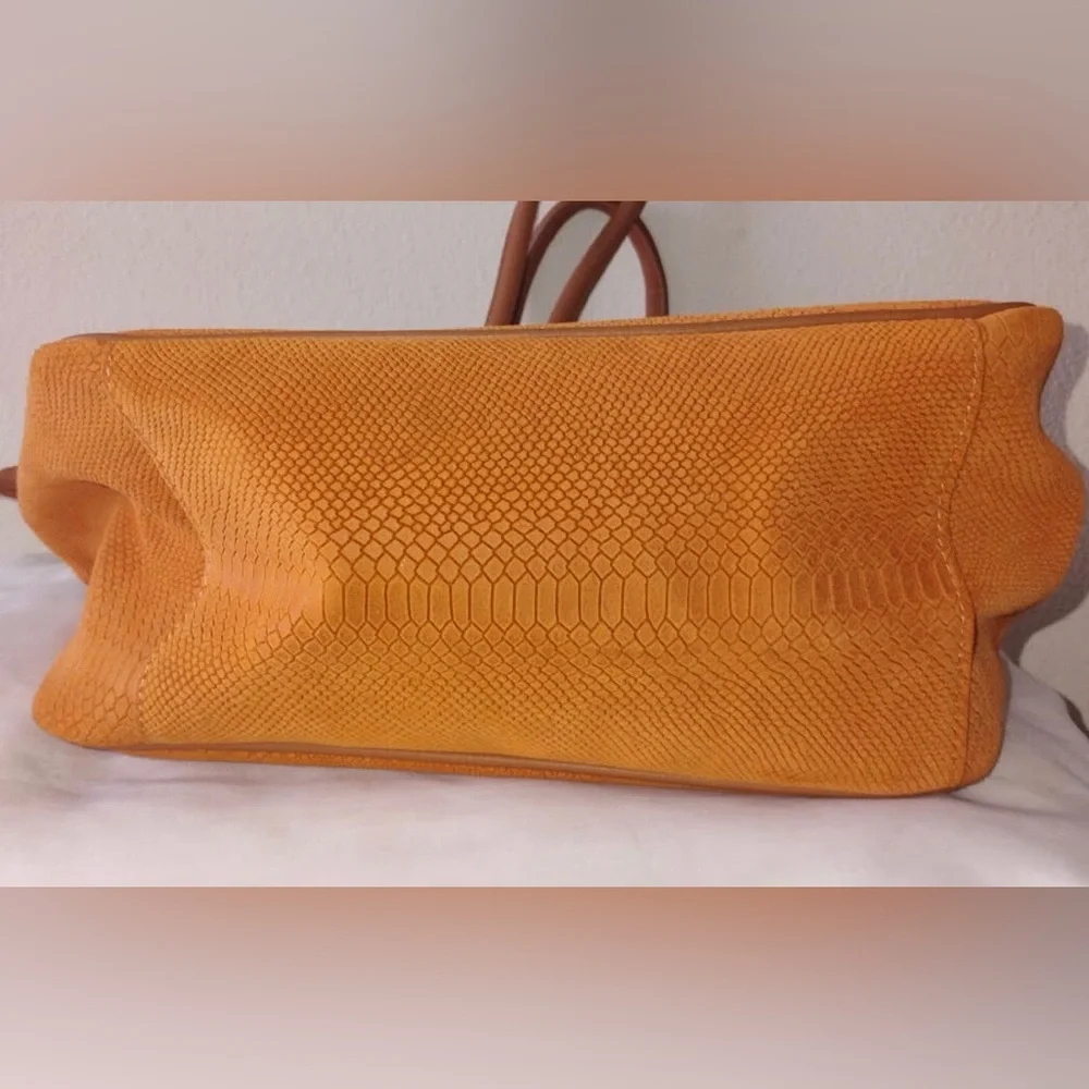 Sundance Suede/ Leather Snake Embossed Orange Textured Tote with Cognac Handles
